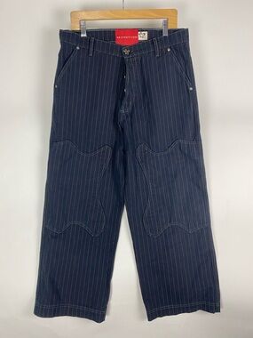 BARNSTORM Double Knee Pinstripes Relaxed Fit Carpenter Jeans Black Denim Men 32
